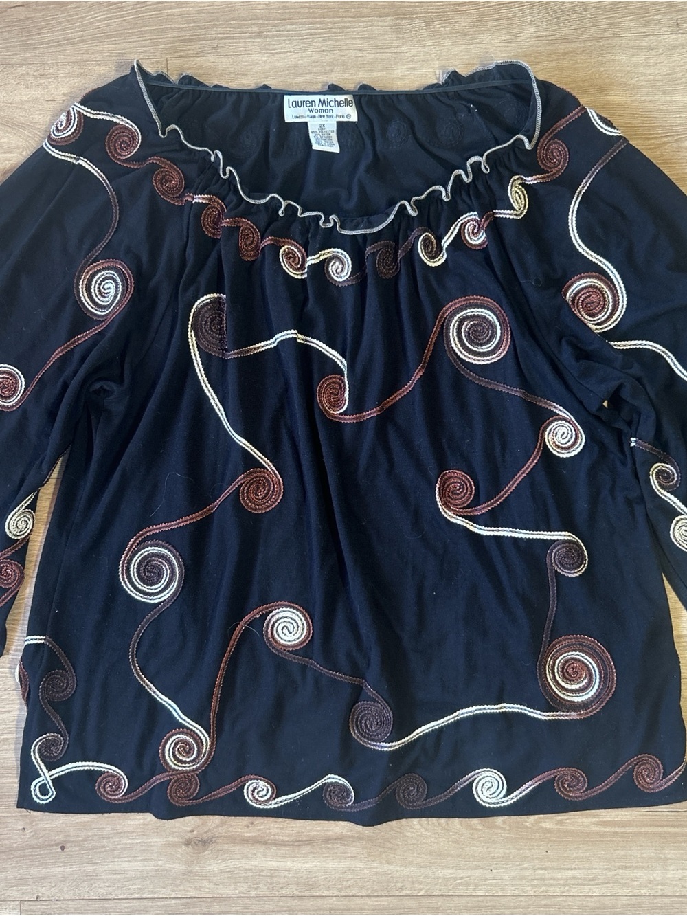 Lauren Michelle Black Embroidered Swirl Peasant Blouse